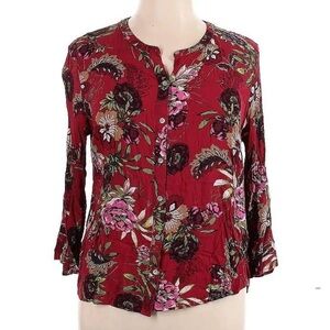 J Jill Burgundy Floral Rayon Button Down Shirt